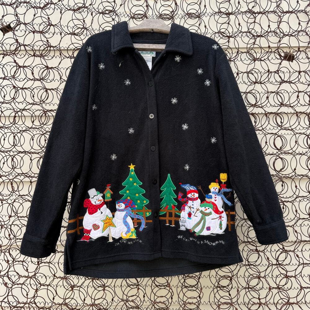 90s Quacker Factory Christmas Snowmen Festive Cardigan Sweater MEDIUM fleece
